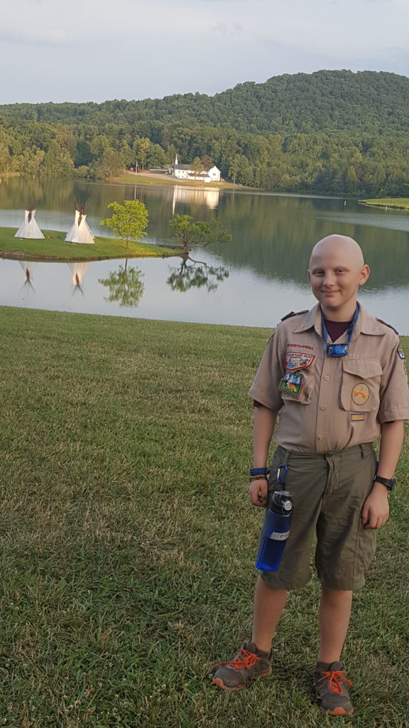 Evan at Camp Woodruff 2016 just finished chemo in May